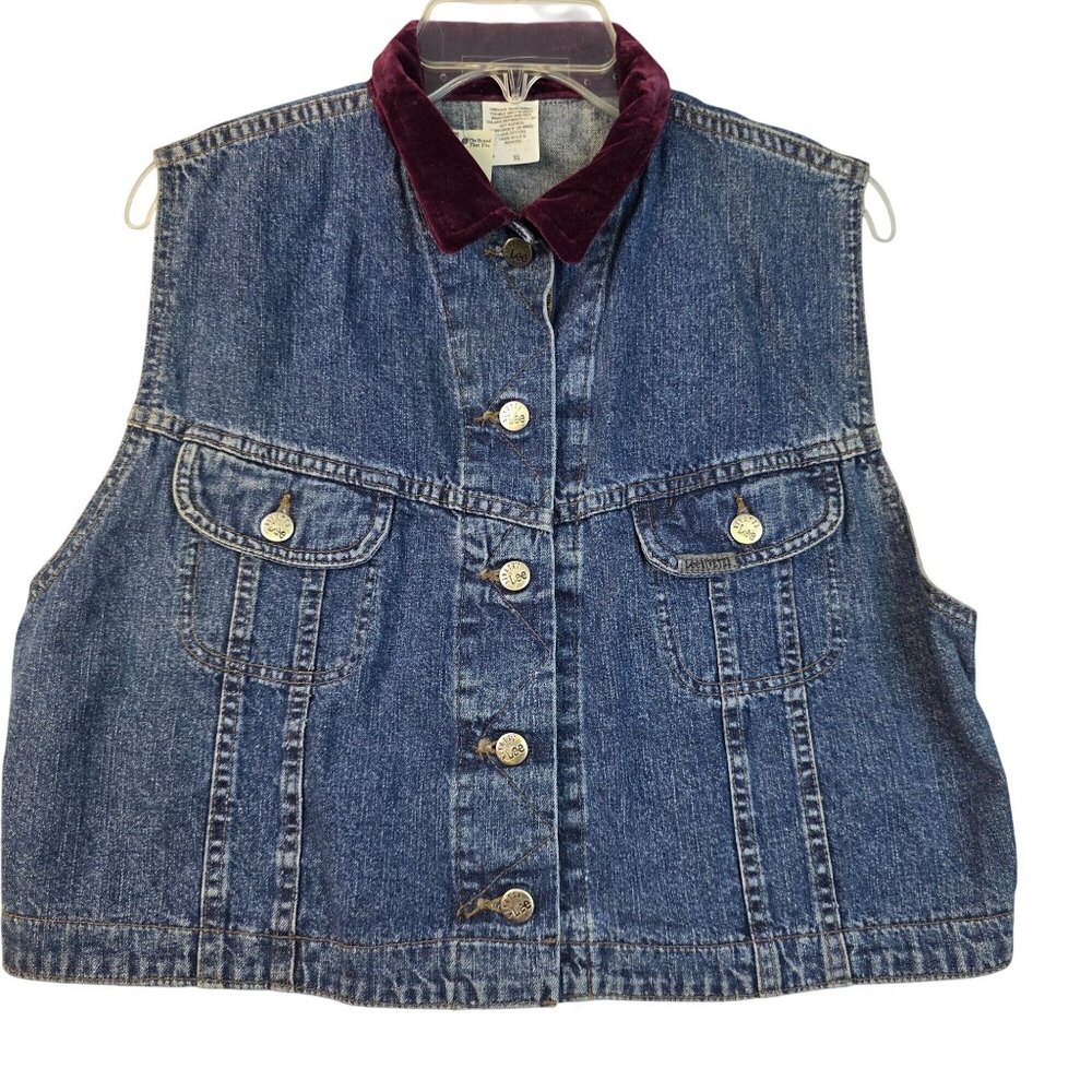 Vintage 90s Lee Cropped Denim Vest XL Blue Country Western Americana Indie Retro